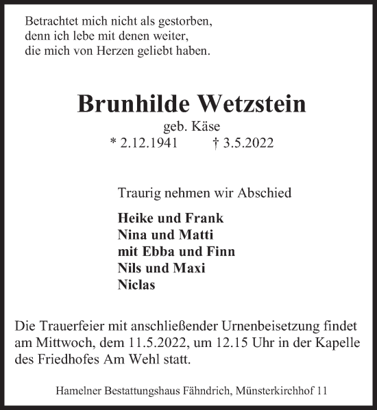 Traueranzeige von Brunhilde Wetzstein von Deister- und Weserzeitung