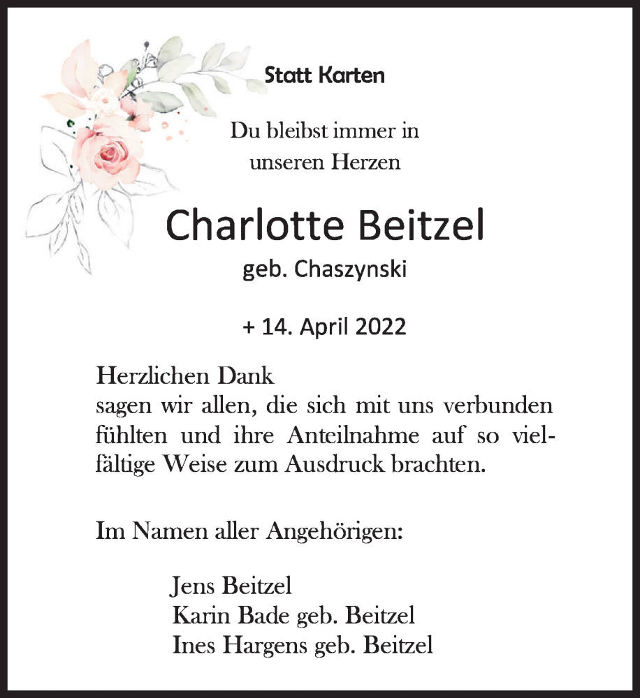  Traueranzeige für Charlotte Beitzel vom 14.05.2022 aus Deister- und Weserzeitung