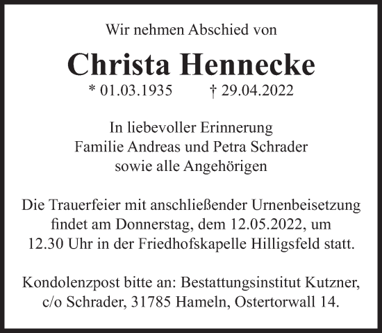 Traueranzeige von Christa Hennecke von Deister- und Weserzeitung