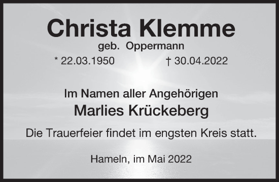 Traueranzeige von Christa Klemme von Deister- und Weserzeitung