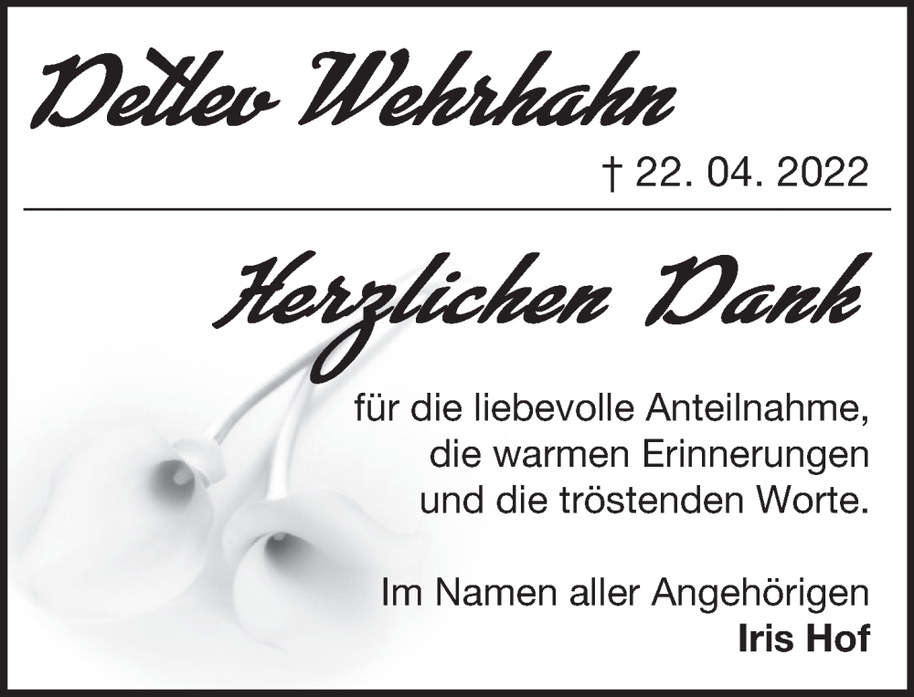  Traueranzeige für Detlev Wehrhahn vom 19.05.2022 aus Deister- und Weserzeitung