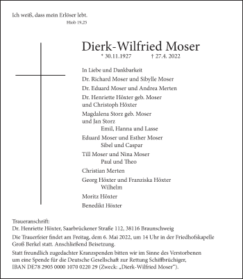 Traueranzeige von Dierk-Wilfried Moser von Deister- und Weserzeitung