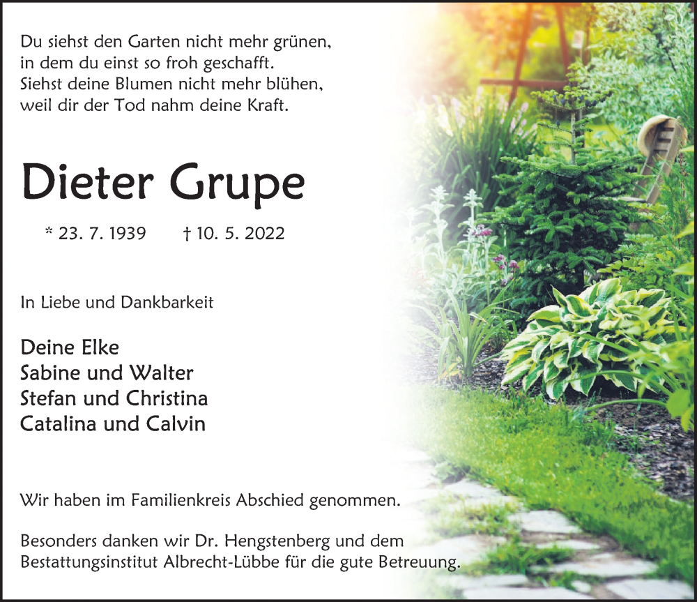  Traueranzeige für Dieter Grupe vom 28.05.2022 aus Deister- und Weserzeitung