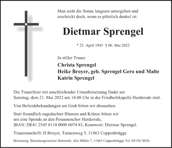 Traueranzeige von Dietmar Sprengel von Deister- und Weserzeitung