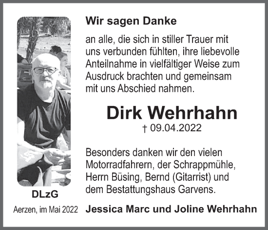 Traueranzeige von Dirk Wehrhahn von Deister- und Weserzeitung