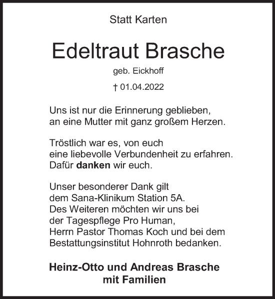 Traueranzeige von Edeltraut Brasche von Deister- und Weserzeitung