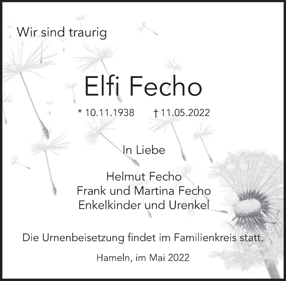  Traueranzeige für Elfi Fecho vom 21.05.2022 aus Deister- und Weserzeitung