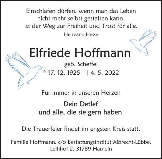 Traueranzeige von Elfriede Hoffmann von Deister- und Weserzeitung