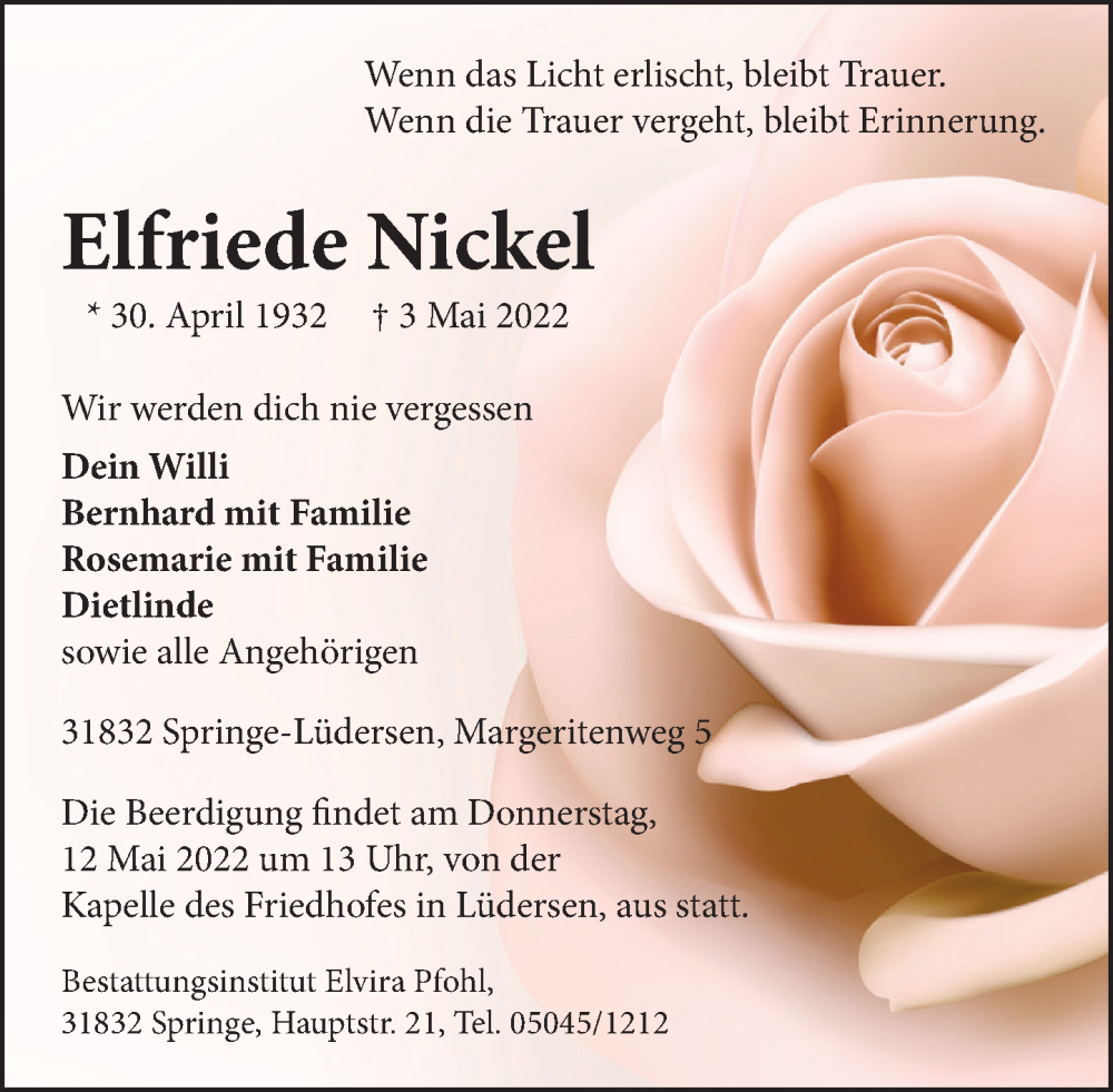  Traueranzeige für Elfriede Nickel vom 07.05.2022 aus Neue Deister-Zeitung