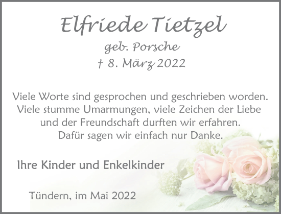 Traueranzeige von Elfriede Tietzel von Deister- und Weserzeitung