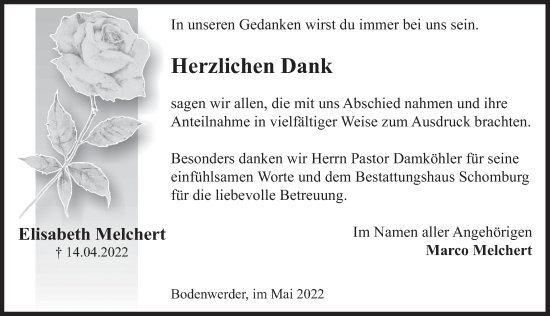 Traueranzeige von Elisabeth Melchert von Deister- und Weserzeitung