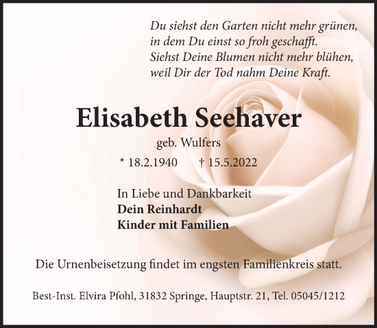 Traueranzeige von Elisabeth Seehaver von Neue Deister-Zeitung