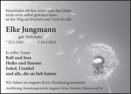 Traueranzeige von Elke Jungmann von Deister- und Weserzeitung