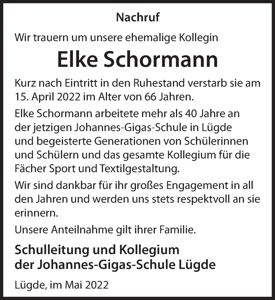  Traueranzeige für Elke Schormann vom 14.05.2022 aus Deister- und Weserzeitung