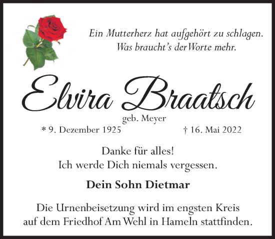 Traueranzeige von Elvira Braatsch von Deister- und Weserzeitung