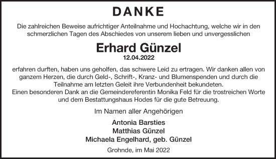 Traueranzeige von Erhard Günzel von Deister- und Weserzeitung