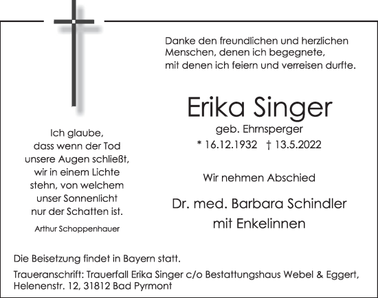 Traueranzeige von Erika Singer von Deister- und Weserzeitung