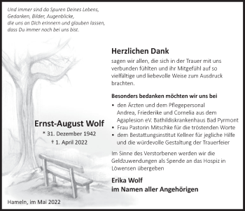 Traueranzeige von Ernst-August Wolf von Deister- und Weserzeitung
