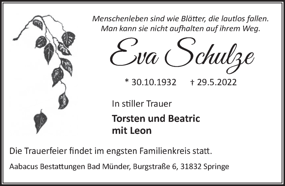  Traueranzeige für Eva Schulze vom 04.06.2022 aus Neue Deister-Zeitung