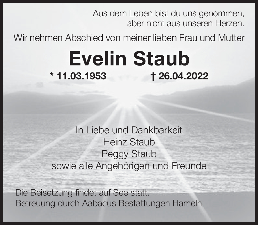  Traueranzeige für Evelin Staub vom 07.05.2022 aus Deister- und Weserzeitung