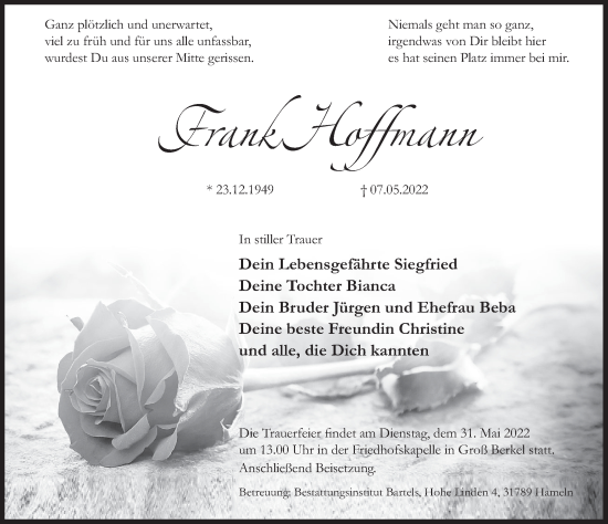 Traueranzeige von Frank Hoffmann von Deister- und Weserzeitung