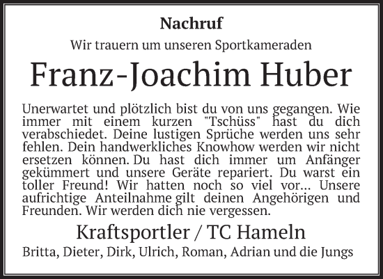 Traueranzeige von Franz-Joachim Huber von Deister- und Weserzeitung