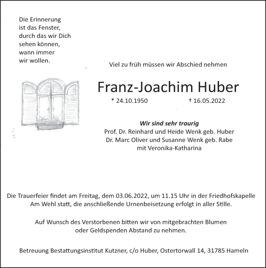 Traueranzeige von Franz-Joachim Huber von Deister- und Weserzeitung
