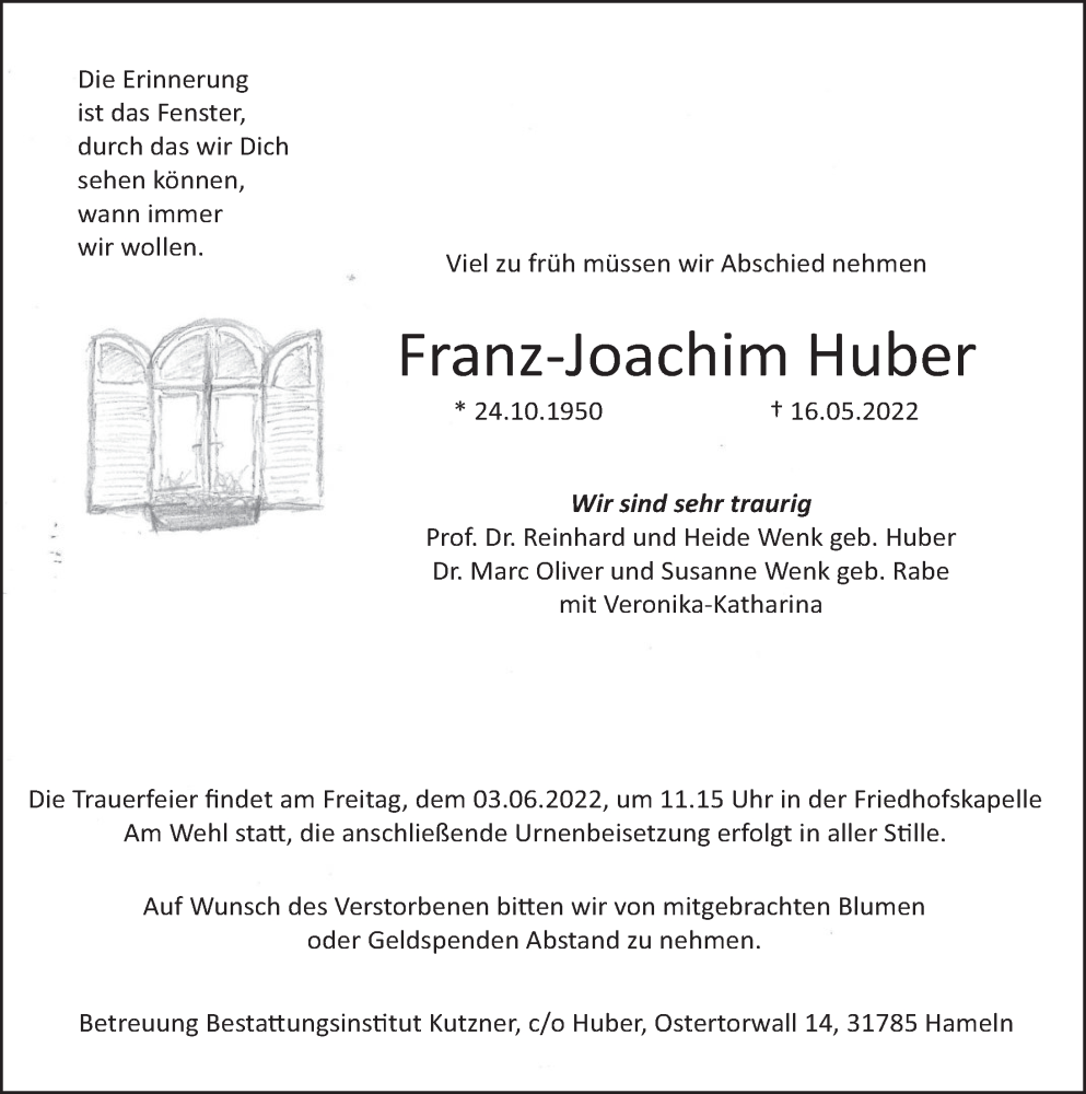  Traueranzeige für Franz-Joachim Huber vom 21.05.2022 aus Deister- und Weserzeitung