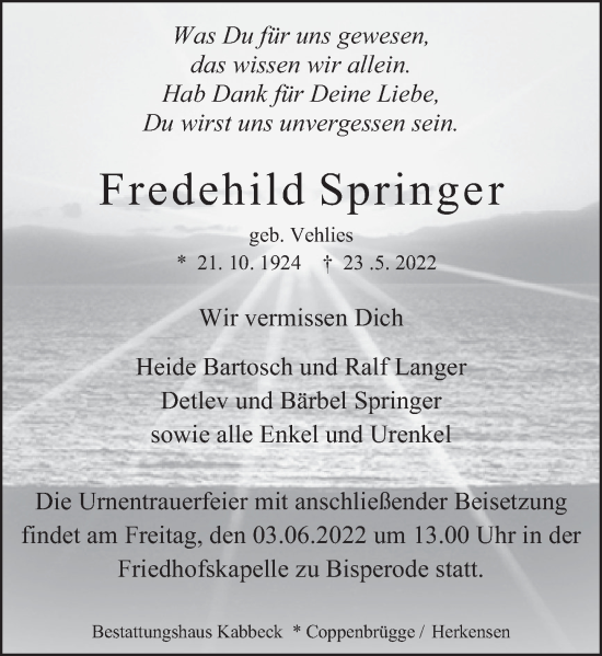 Traueranzeige von Fredehild Springer von Deister- und Weserzeitung