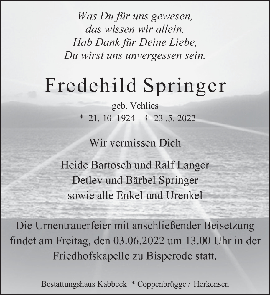  Traueranzeige für Fredehild Springer vom 01.06.2022 aus Deister- und Weserzeitung