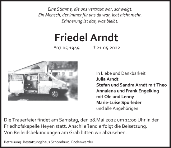 Traueranzeige von Friedel Arndt von Deister- und Weserzeitung