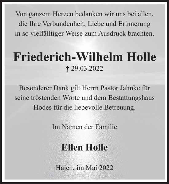 Traueranzeige von Friederich-Wilhelm Holle von Deister- und Weserzeitung