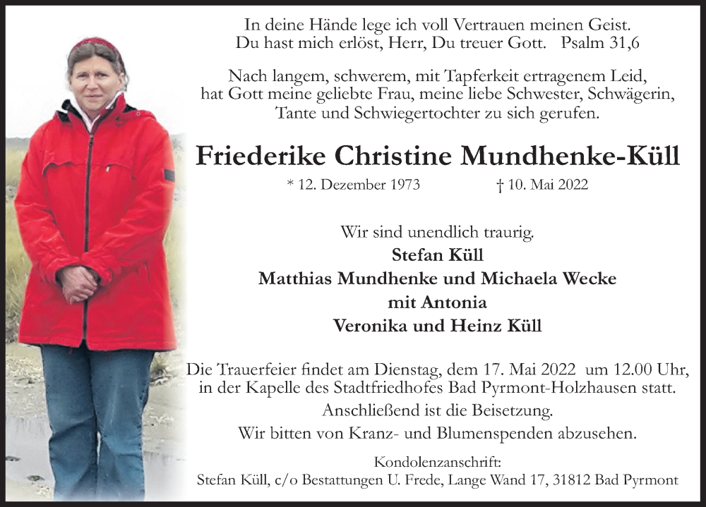  Traueranzeige für Friederike Christine Mundhenke-Küll vom 14.05.2022 aus Deister- und Weserzeitung