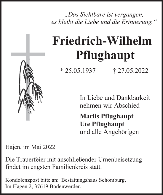 Traueranzeige von Friedrich-Wilhelm Pflughaupt von Deister- und Weserzeitung