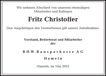 Traueranzeige von Fritz Christoffer von Deister- und Weserzeitung