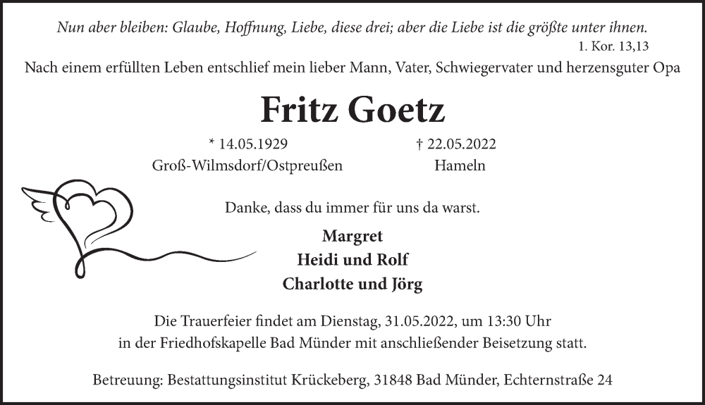  Traueranzeige für Fritz Goetz vom 28.05.2022 aus Neue Deister-Zeitung