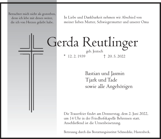Traueranzeige von Gerda Reutlinger von Deister- und Weserzeitung
