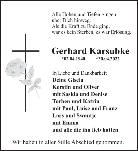 Traueranzeige von Gerhard Karsubke von Deister- und Weserzeitung