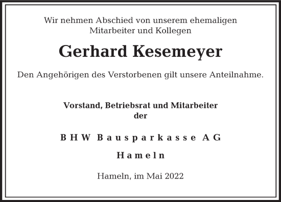 Traueranzeige von Gerhard Kesemeyer von Deister- und Weserzeitung