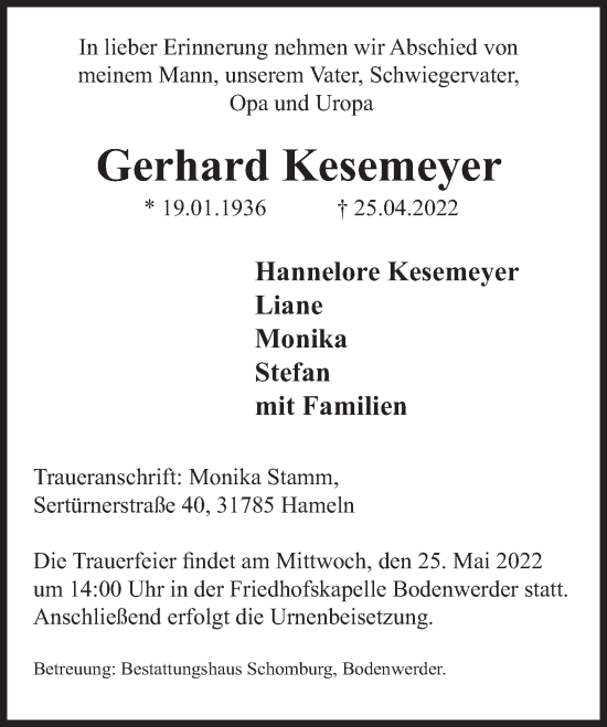 Traueranzeige von Gerhard Kesemeyer von Deister- und Weserzeitung
