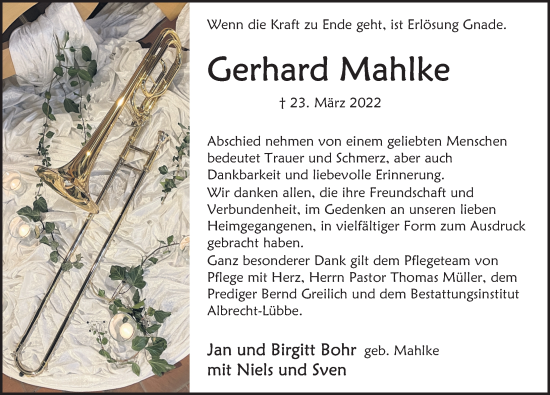 Traueranzeige von Gerhard Mahlke von Deister- und Weserzeitung