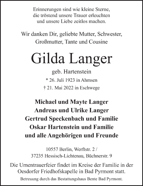 Traueranzeige von Gilda Langer von Deister- und Weserzeitung