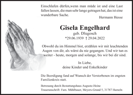 Traueranzeige von Gisela Engelhard von Deister- und Weserzeitung