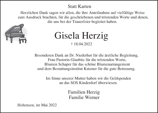 Traueranzeige von Gisela Herzig von Deister- und Weserzeitung