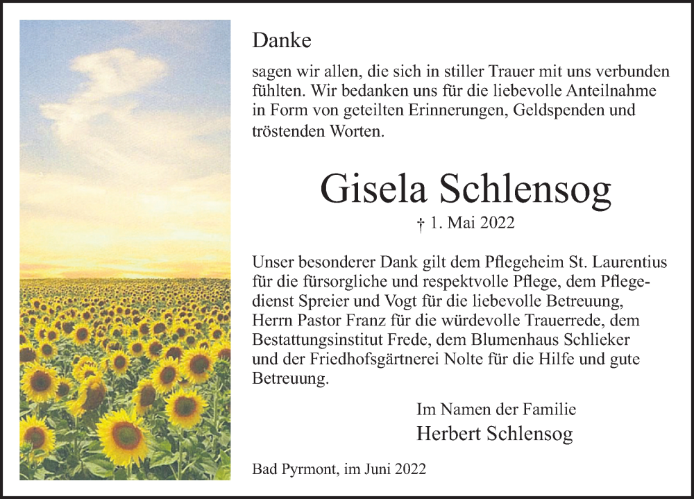 Traueranzeige für Gisela Schlensog vom 04.06.2022 aus Deister- und Weserzeitung