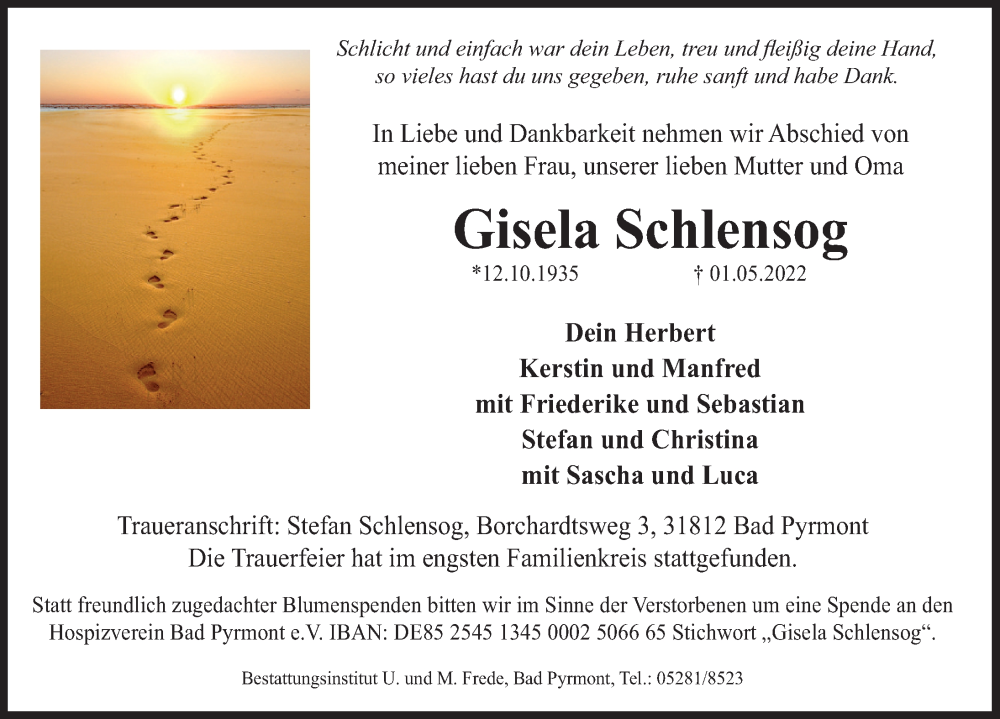  Traueranzeige für Gisela Schlensog vom 07.05.2022 aus Deister- und Weserzeitung