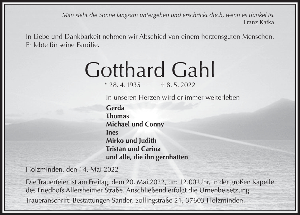  Traueranzeige für Gotthard Gahl vom 14.05.2022 aus Deister- und Weserzeitung