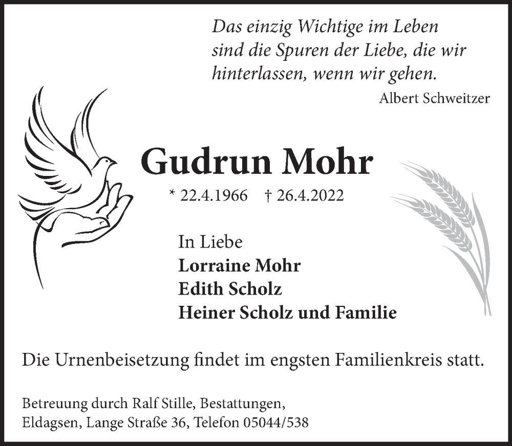  Traueranzeige für Gudrun Mohr vom 07.05.2022 aus Neue Deister-Zeitung