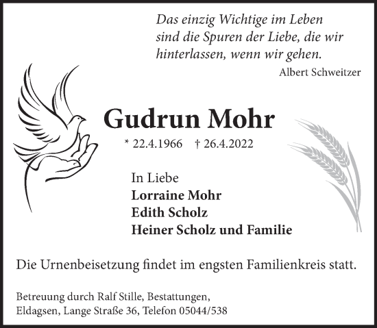 Traueranzeige von Gudrun Mohr von Neue Deister-Zeitung