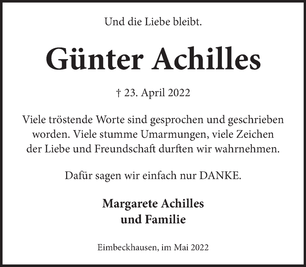  Traueranzeige für Günter Achilles vom 21.05.2022 aus Neue Deister-Zeitung